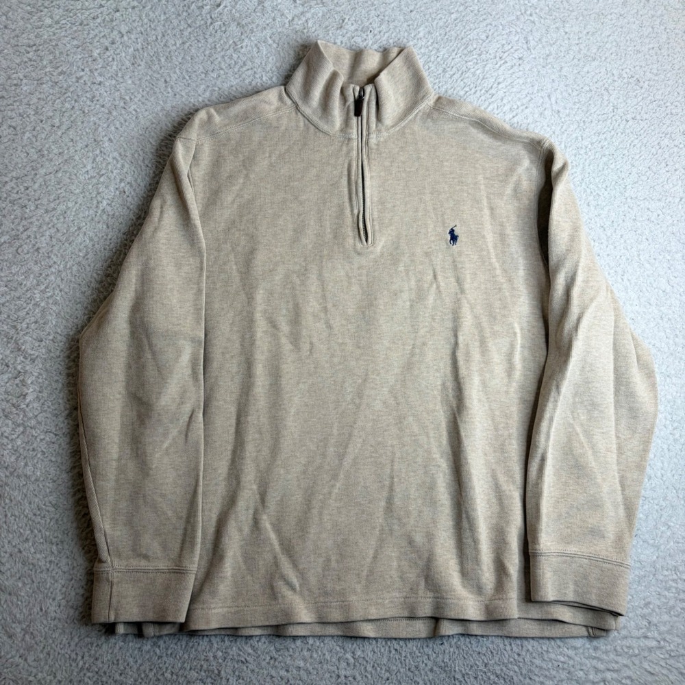 Polo Ralph Lauren Mens XL Tan Heather Cotton Quarter Zip Pullover Sweater Pony